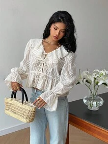Serisse Damen Französischer Lässig Bindeknoten Volant Saum Bluse, Volant Bluse, Herbst für Frauen, Homecoming, Ausgehen Oberteile Frauen, Date Night, Hochzeitsgast, Business Lässig Frau, Old Money Stil, Thanksgiving Shirt, Neujahrskleider, Winterkleidung für Frauen