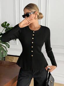 Serisse 女士休闲日常通勤简约纯色圆领长袖修身单排扣开衫，秋季