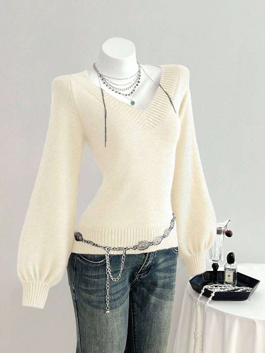 Elamini 女士休闲V领宽松纯色长袖毛衣 - 米色 - 查看 1