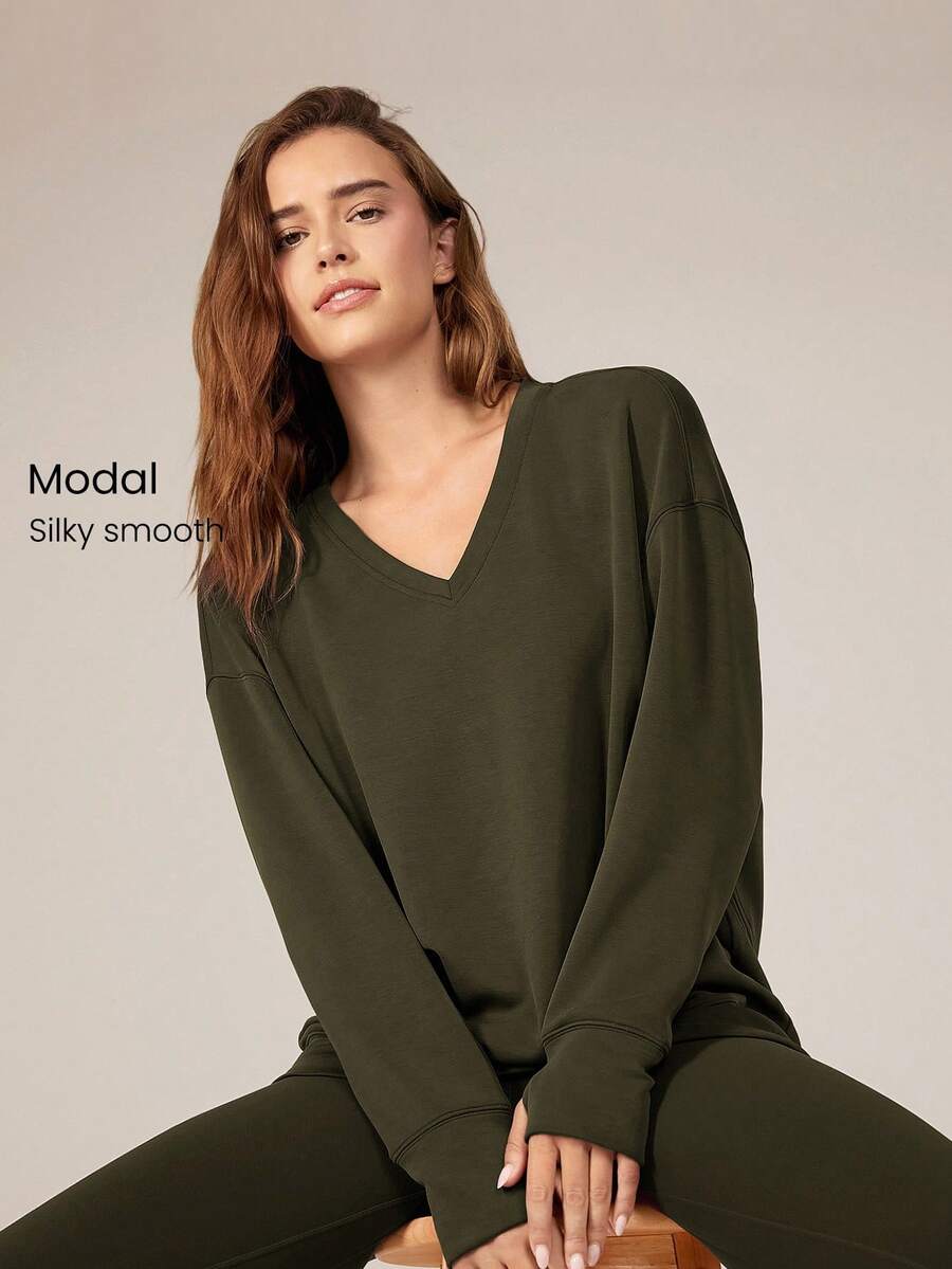 GLOWMODE Modal V-Neck Long Sleeve Sweater Fall - Army Green - View 1