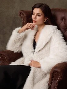 Lilora Abrigo largo de imitación de piel de mujer para otoño/invierno, con cuello de piel de zorro, chaqueta minimalista de alta moda