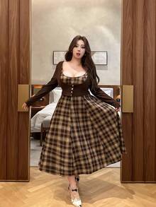 Vibekara Retro American Style Khaki Jacket & Plaid Dress 2 Pieces Set For Women Autumn Dress Plaid Dress Women Brown Two Piece Set Women Plaid Two Piece Set Coffee Brown Dress - Brown - View 4
