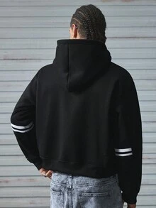 AXEPEAK 男士几何印花长袖休闲宽松连帽运动衫，秋季，秋冬 - 黑色 - 查看 2