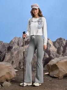 In My Nature 女士纯色抽绳腰口袋喇叭裤休闲百搭户外裤女式运动休闲慢跑裤套装女式徒步服套装 - 灰色 - 查看 7