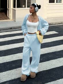 SHEIN EZwear Women's Casual Loose Sweatshirt Set, Light Blue, Autumn, Baby Blue Two Piece Pants Suit Baby Blue Outfit Women 2 Piece Casual Sets Woman,Cozy Fall And Winter Clothes For Women - Blue - View 6