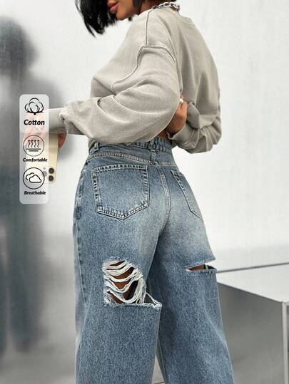 EURMUSE WOMEN WIDE LEG HIGH WAIST JEANS Jeans Wide Leg Distressed Jeans Oversized Jeans Loose Jeans Ripped Baggy Jeans