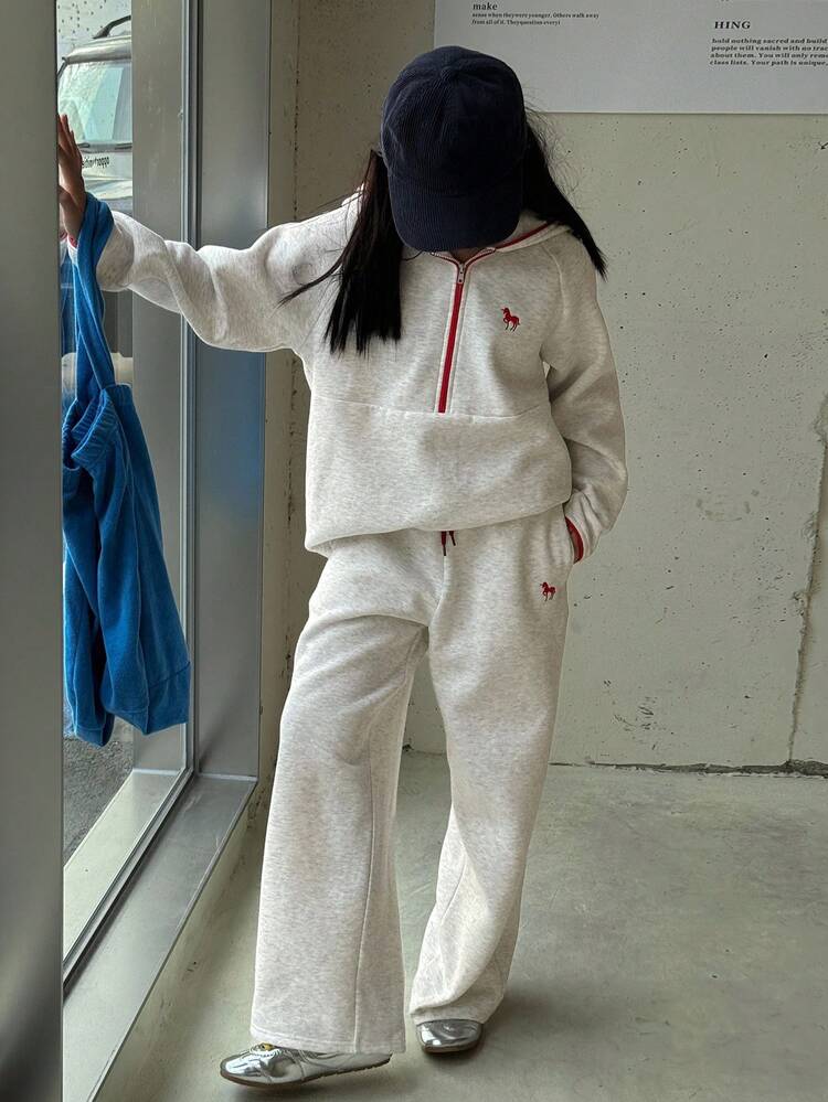 2pcs Tween Girl Knitted Hoodie With Embroidery Pattern & Thermal Lined Pants Set, Autumn/Winter