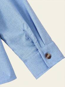 SHEIN Mirajuku 青少年男孩休闲日常通勤简约纯色立领单排扣衬衫，春秋季 - 藍色 - 查看 5