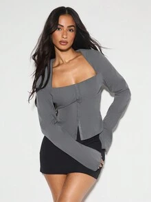 KIZN Áo corset cổ vuông tay dài thanh lịch có nút cài phía trước, tay áo ôm sát, kiểu dáng công sở, thời trang thu đông - Màu xám đen - Xem 3