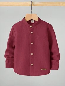 儿童男孩休闲立领纽扣衬衫，卡其色衬衫，基本款上衣，返校季，适合花园、海滩、生日 - 紅色 - 查看 3