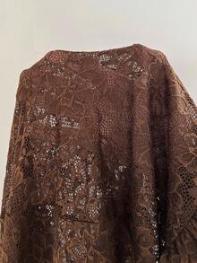 Maweii Bộ 2 món áo choàng poncho ren trơn màu thanh lịch cỡ lớn kèm chân váy - màu nâu - Xem 7