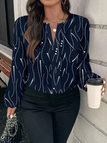 EMERY ROSE Áo sơ mi dài tay họa tiết chấm bi và sọc thanh lịch cỡ lớn, phù hợp cho mùa xuân và mùa thu - Màu xanh hải quân - Xem 3