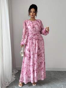 Modelyn 雪纺蝴蝶印花褶饰圆领长袖连衣裙 - 彩色 - 查看 3