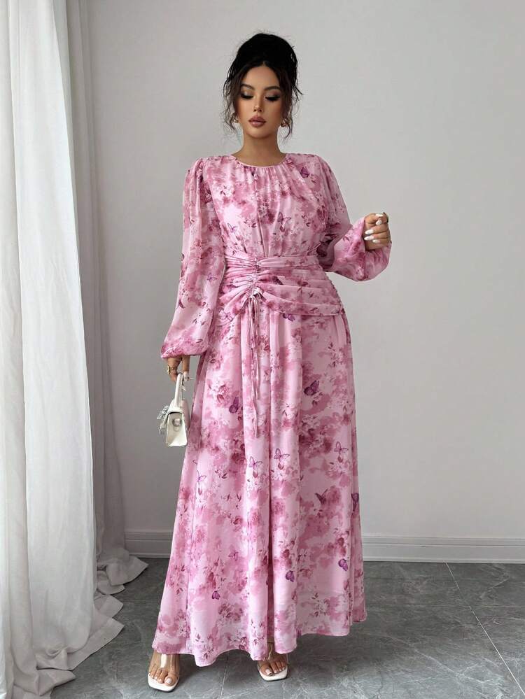 Modelyn Chiffon Butterfly Print Ruched Round Neck Long Sleeve Dress Dress Modest Pink Floral Dress Feminine Dress Floral Dress - Multicolor - View 3
