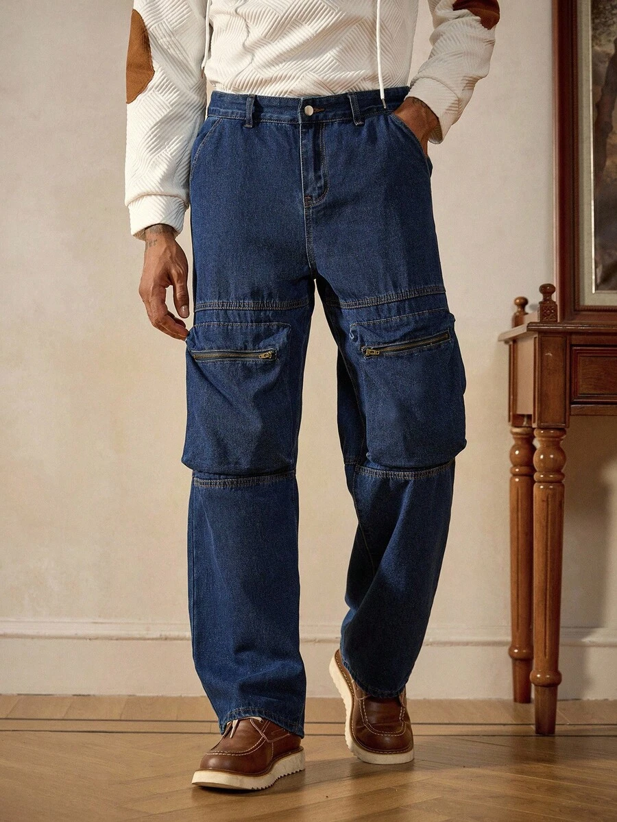 RivetRise Jeans droits en denim avec fermeture éclair, patchwork et poches, style mode de rue décontracté pour hommes - Jean brut - Voir 1