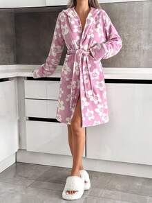 EURMUSE Flower&Smile Print Dual Pocket Hooded Belted Robe - Pink - View 5