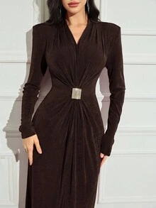 Modelyn Women Elegant Metal Accent Waist Fitted Long Sleeve Dress, Autumn Long Evening Dresses - Coffee Brown - View 1