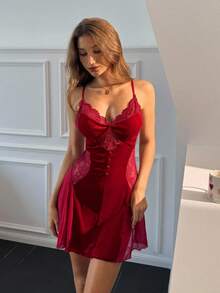 Aloruh Wine Red Lace Splice Bow Tie Decor Backless Camisole Nightgown - Burgundy - View 6