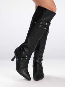 Sugerpunk 尖头细高跟时尚性感蛇皮网眼设计及膝靴，适合圣诞节、新年派对、约会之夜和春季休闲装 - 黑色 - 查看 4