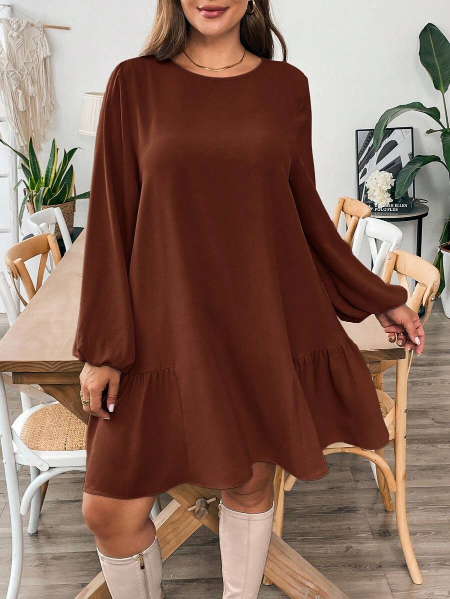 SHEIN Essnce Váy kaki dài tay rộng rãi, thoải mái cho mùa thu đông cỡ lớn dành cho nữ, váy ngắn mùa thu, trang phục mùa thu cho nữ, trang phục công sở, váy công sở cho nữ, dạ hội, trang phục giáo viên, váy cong - Rỉ Nâu - Xem 1