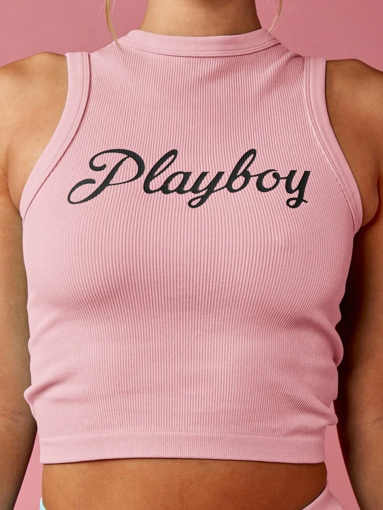 Missguided x Playboy Ribbed Racerback Sleeveless Crop Tank High Neck Stretch Form Fitting Summer Casual Fashion Basic Essential