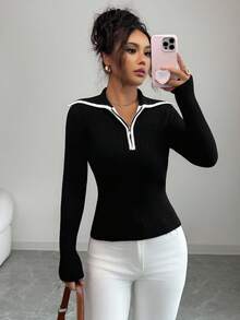 Elenzga Women's Elegant Fitted Zip-Up Contrast Color Collar Long Sleeve Sweater, Autumn/Winter - Black and White - View 1