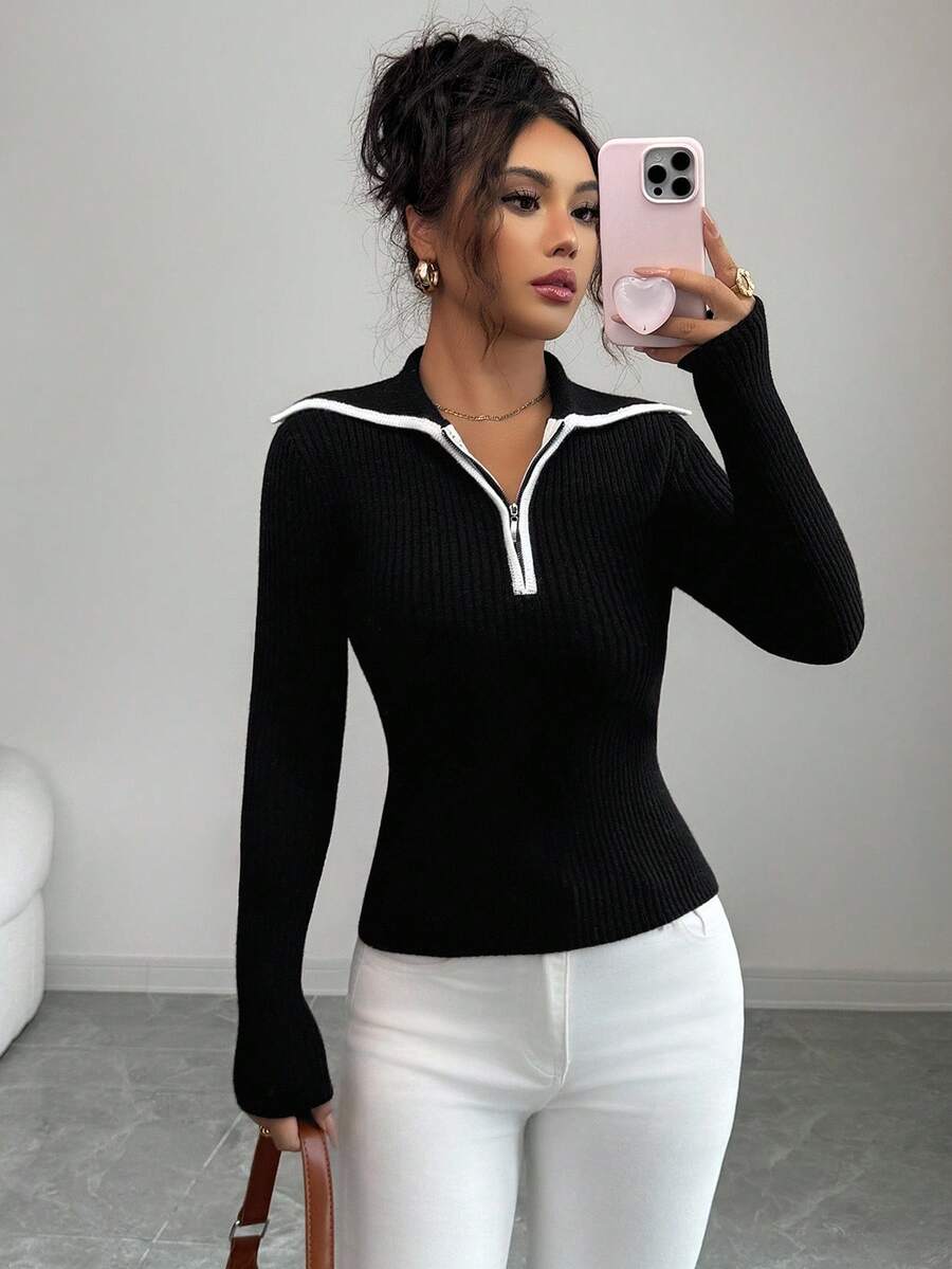 Elenzga Women's Elegant Fitted Zip-Up Contrast Color Collar Long Sleeve Sweater, Autumn/Winter - Black and White - View 1