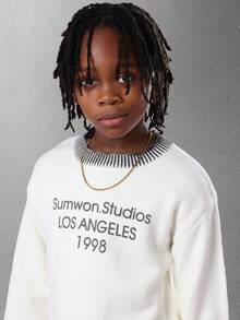 SUMWON Studios Los Angeles Vintage Style Pullover Sweatshirt Striped Ribbed Trim Casual Streetwear Classic Design Youth Fashion Fall Winter - White - View 3