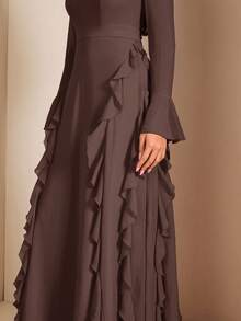 SHEIN BAE 女士优雅红色长袖高领荷叶边连衣裙，适合约会、晚宴等场合 - 棕色 - 查看 5