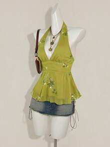 SHEIN ICON 女士花卉亮片性感深V领吊带背心 - 綠色 - 查看 4