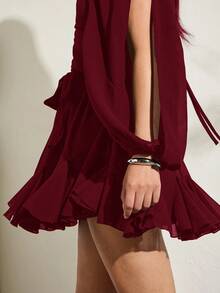 SHEIN BAE 女士轻盈透视蝴蝶结系带灯笼袖开衩纯色连衣裙，适合海滩、度假、日常穿着、约会 - 酒紅色 - 查看 6