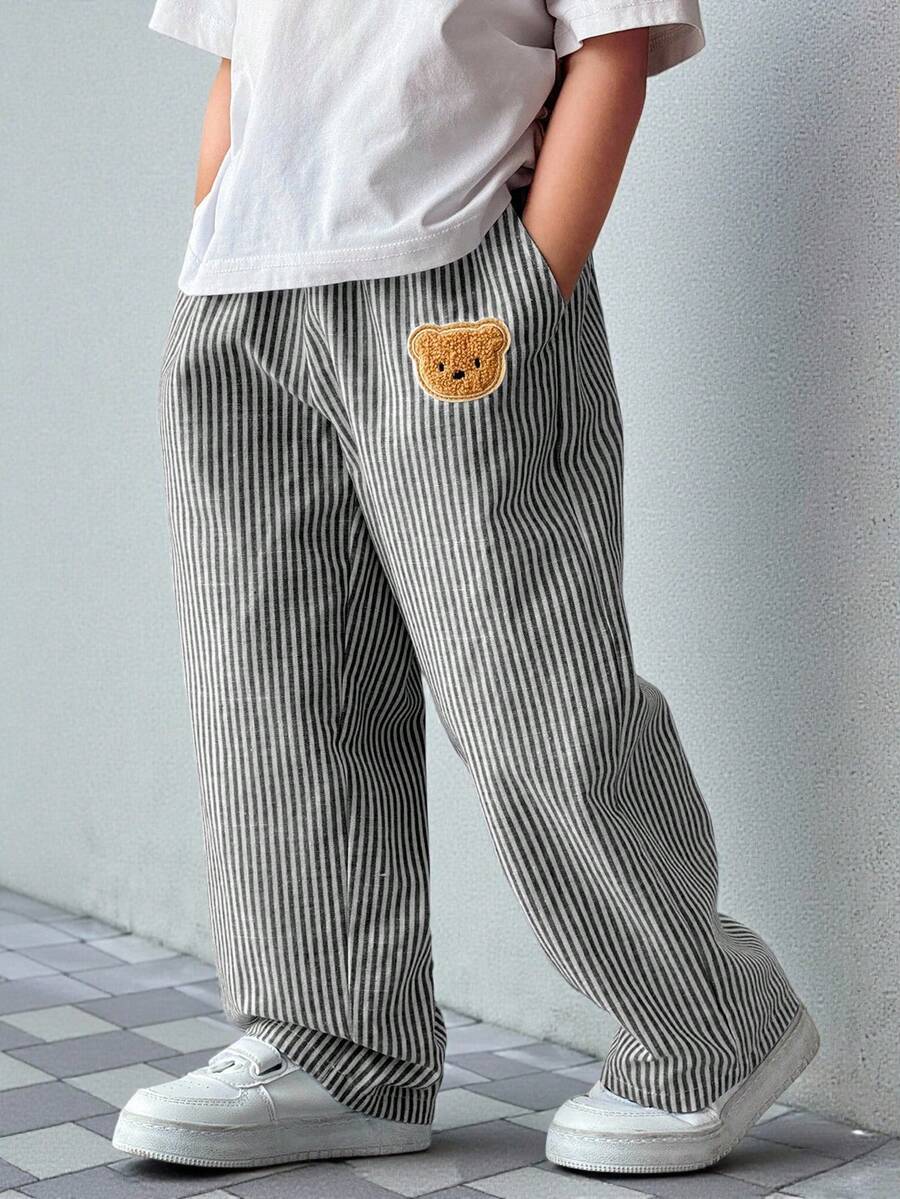 TaviRue Young Boys' Casual Street Style Striped Woven Pants With Pockets, Straight Leg, Lightweight & Comfortable, Versatile For Outings, Vacation, Photography, School, Sports, Gatherings, Suitable For Spring & Summer Comfy Pants Striped Pants Bear Pants Wide Leg Pants Baggy Pants - Black - View 1