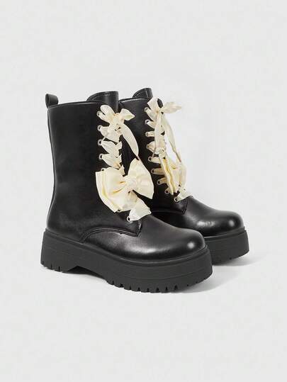 Kawaii Stivali da motociclista stile punk rock gotico da donna con lacci, stivali con suola platform spessa, stivali alla caviglia in pelle con fiocco in pizzo e stivaletti corti