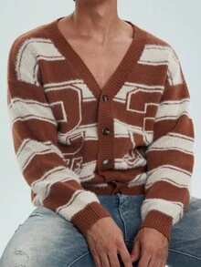 Claim Dot Men's Casual Fashion Street Numeric & Letter Striped Pattern V-Neck Button-Up Cardigan, Autumn/Winter - Khaki - View 5