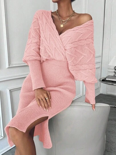 EMERY ROSE 蝙蝠袖开衩裹身毛衣裙针织套装针织两件套毛衣裙套装毛衣两件套冬季两件套