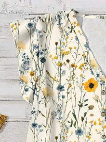 EMERY ROSE Plus Size Casual Floral Print Watercolor Floral Cap Sleeve Blouse, Fall And Winter