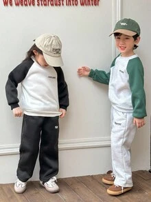 Genkimix Kids 2pcs/Set Toddler Girls' Knitted Sweatshirt, Contrast Color English Letter Print, Raglan Sleeve, Classic Fashion Versatile, Suitable For Autumn/Winter, Back To School Season Fall