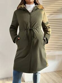 SHEIN 孕妇纯色连帽仿毛领中长款加厚保暖三合一夹克