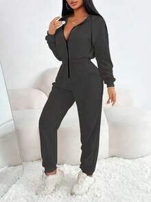 Eryvara Women's Autumn Long Sleeve Casual Color Block Drawstring Hooded Jumpsuit Fall Cloth For Women - Dark Grey - View 3