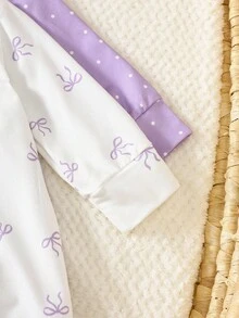 SHEIN 2pcs Newborn Baby Girl Autumn Outfit, Comfortable & Cute Bow Pattern Long Sleeve Jumpsuit Set, Suitable For Any Occasion Fall Winter - Mauve Purple - View 6