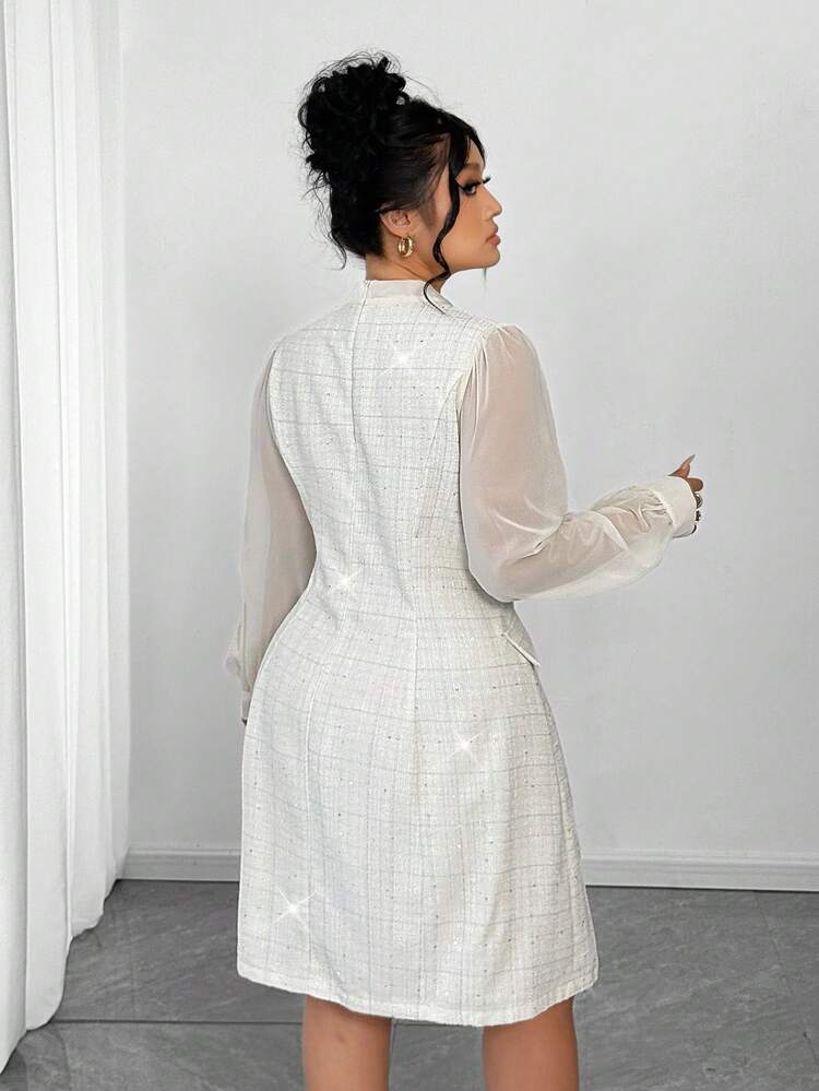 Elenzga Plus Size Elegant Formal Party Date Bowknot Front Button Fitted Short Woven Dress - Apricot - View 2