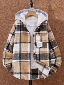 SHEIN Explorewe 男童时尚休闲格子口袋连帽夹克，适合外出、上学、居家、郊游，适合搭配牛仔裤、运动裤、T 恤 - 棕色 - 查看 7