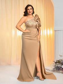 Glamrae Plus Size Beaded Patchwork Knit Fabric, Ruffle Hem, Sequin Decor, Green Asymmetric Shoulder Formal Evening Gown (Heavy Embellished) - Apricot - View 5