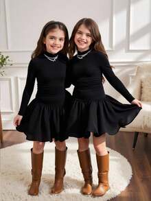 青少年女孩优雅街头风格高领修身褶饰长袖针织拼布纯色灯笼下摆连衣裙，可爱俏皮，适合万圣节派对、圣诞节，适合居家、郊游、节日、上学，黑色 - 黑色 - 查看 2