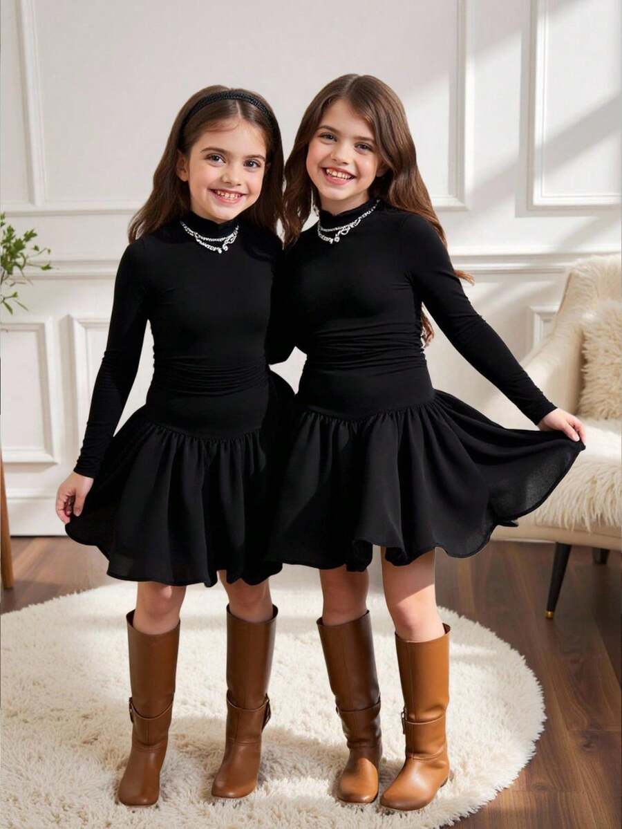 青少年女孩优雅街头风格高领修身褶饰长袖针织拼布纯色灯笼下摆连衣裙，可爱俏皮，适合万圣节派对、圣诞节，适合居家、郊游、节日、上学，黑色