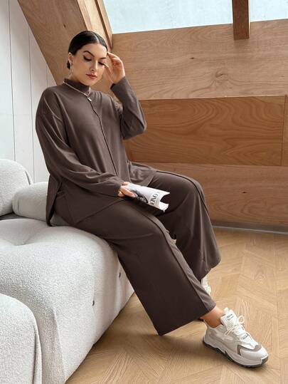SHEIN Essnce Plus Size Casual Solid Color Side Slit Brown Top And Pants 2 Pieces Set, Autumn