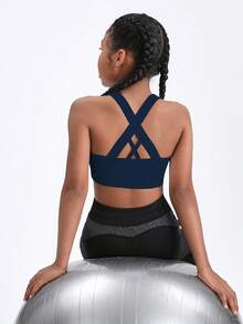 SHEIN Tween Girls' Solid Color Cross Back Sports Tank Top - Navy Blue - View 2