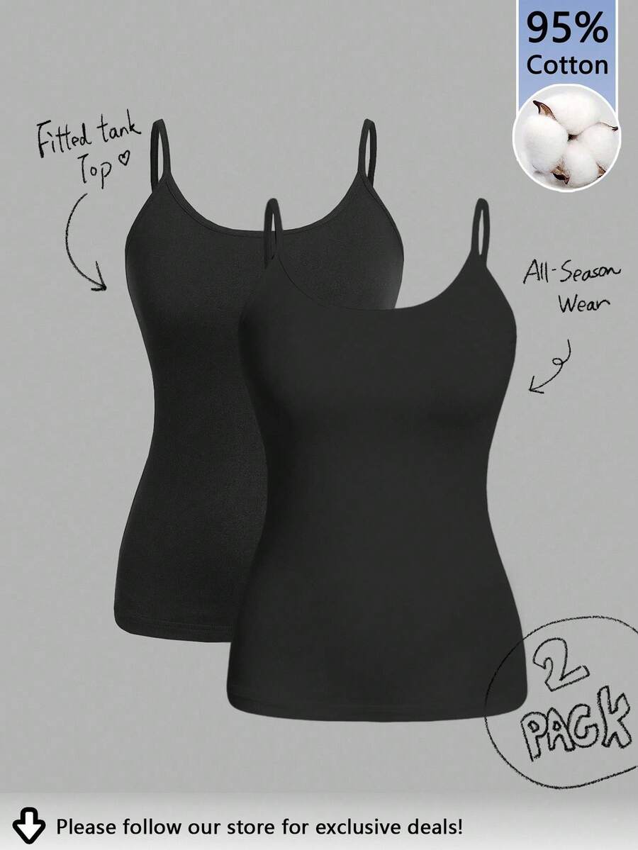 Tseoso 2 件套休闲修身女式吊带背心，95% 纯棉，适合夏季，复古，可爱夏季上衣，柔软女孩，夏季外出单品，居家，返校，秋季女装，百搭 - 黑色 - 查看 1