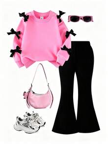 SHEIN 2pcs/Set Young Girl' Minimalist Fashion Pink Bow Black Top And Pink Pants Sweatsuit Set Fall Winter - Multicolor - View 3