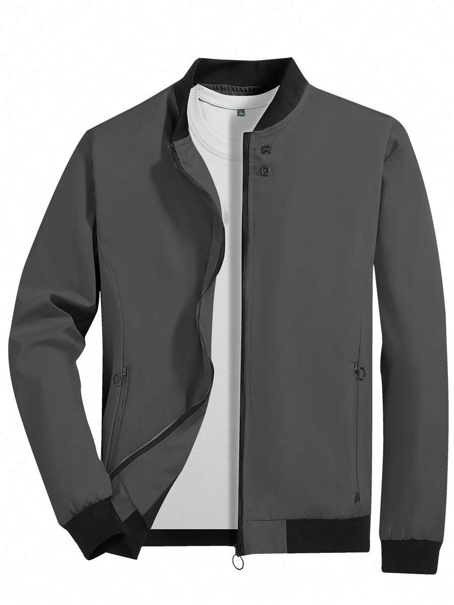 Manfinity Homme 男士休闲拉链夹克，斜插口袋，秋季男士拉链夹克，休闲夹克，男士长袖灰色夹克，男士休闲夹克 - 深灰色 - 查看 1